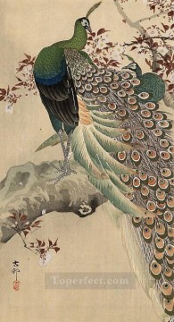  birds - two green peacocks on the bough of a flowering tree Ohara Koson birds
